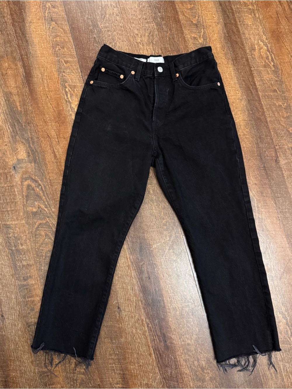 MNG Mango Havana Black Button Fly Jeans Size 6 High Rise Raw Hem Ankle Denim